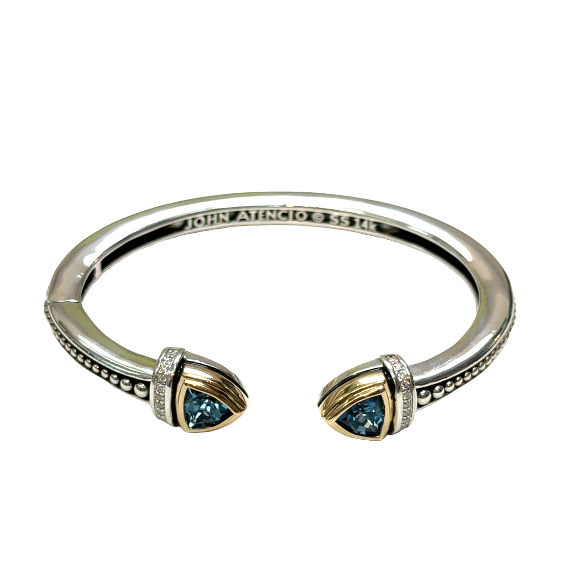John Atencio Sterling Silver & 14K “Arrivo” Cuff, Trillion Blue Topaz, Diamond Accents