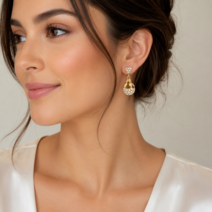 21K Gold Cubic Zirconia Heart Dangle Earrings Screw Posts