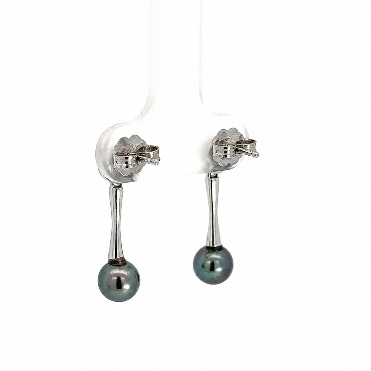 Modern 14K White Gold Black Pearl & Diamond Drop Earrings
