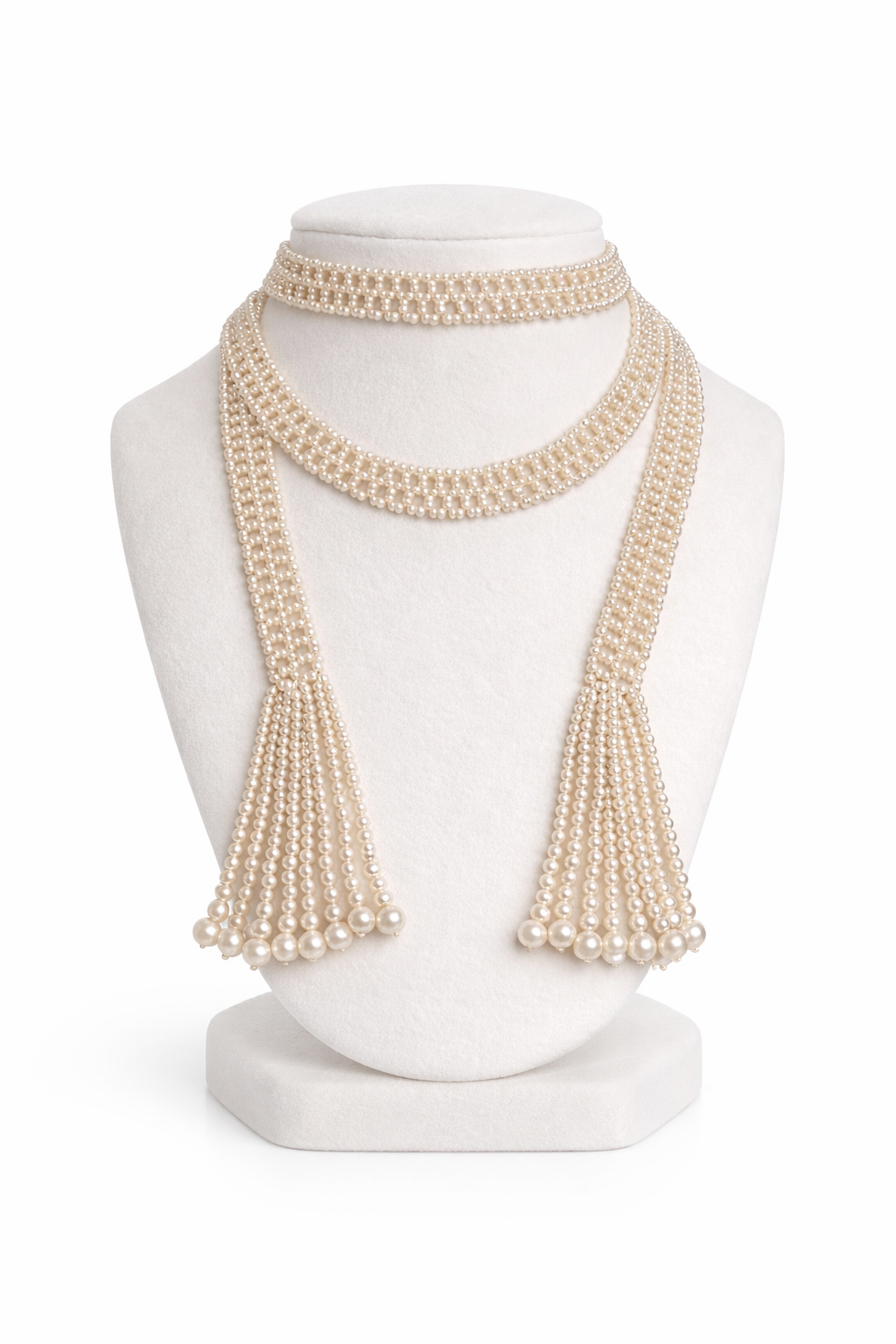 Vintage Seed Pearl Scarf Necklace with Tassel Fringe, 44” Long