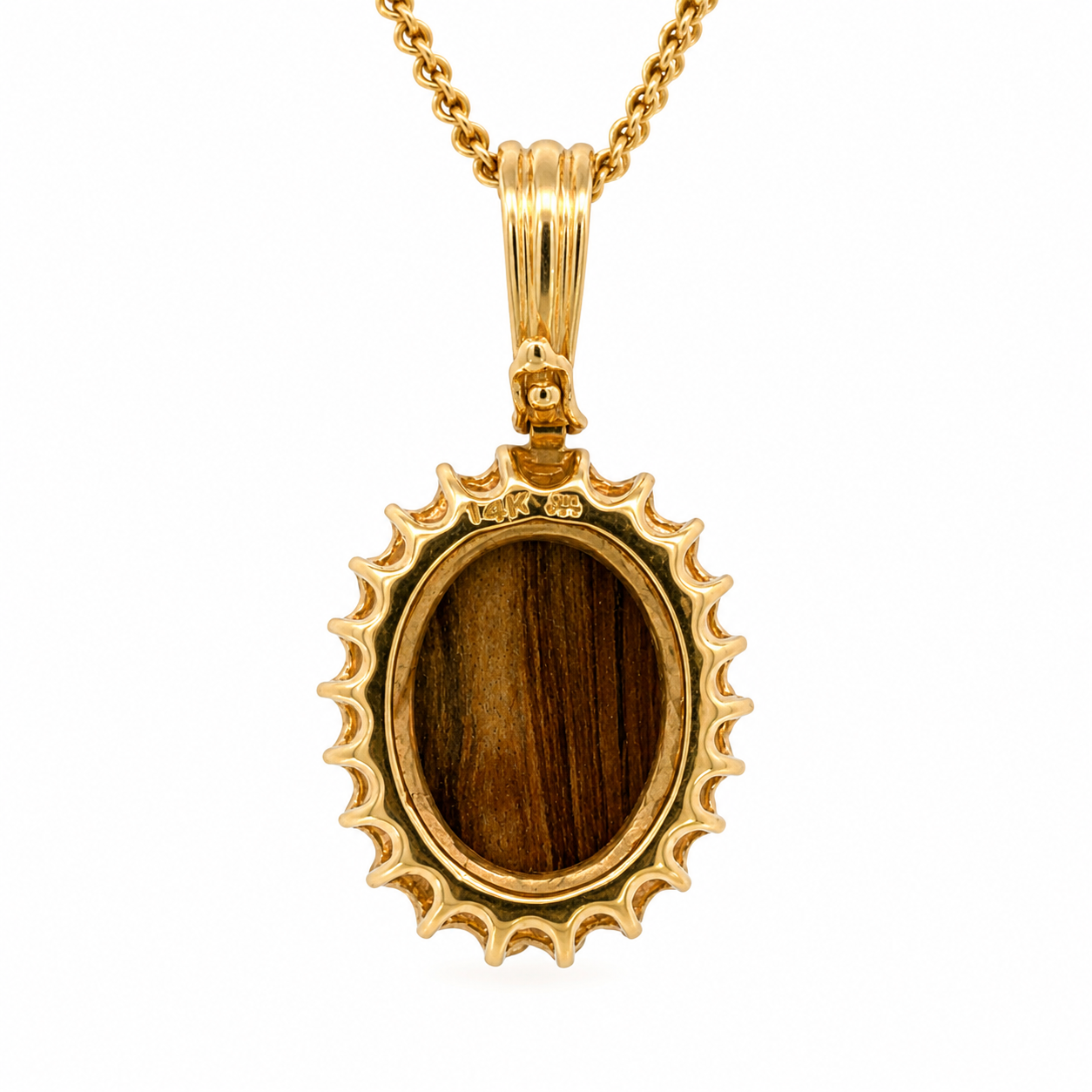 14K Gold Oval Coral Cabochon Diamond Halo Pendant