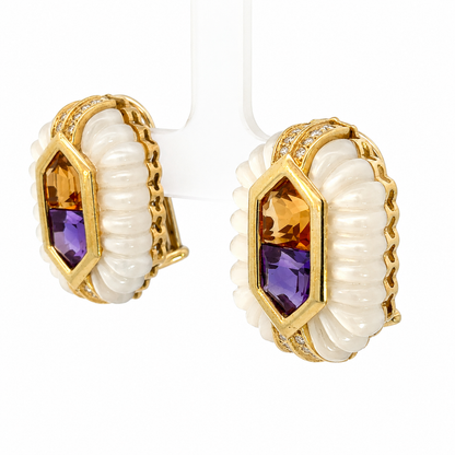18K Yellow Gold Mother-of-Pearl, Citrine, Amethyst & Diamond Earrings