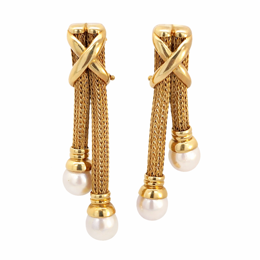 14K Yellow Gold Italian Mesh & Pearl Drop Earrings