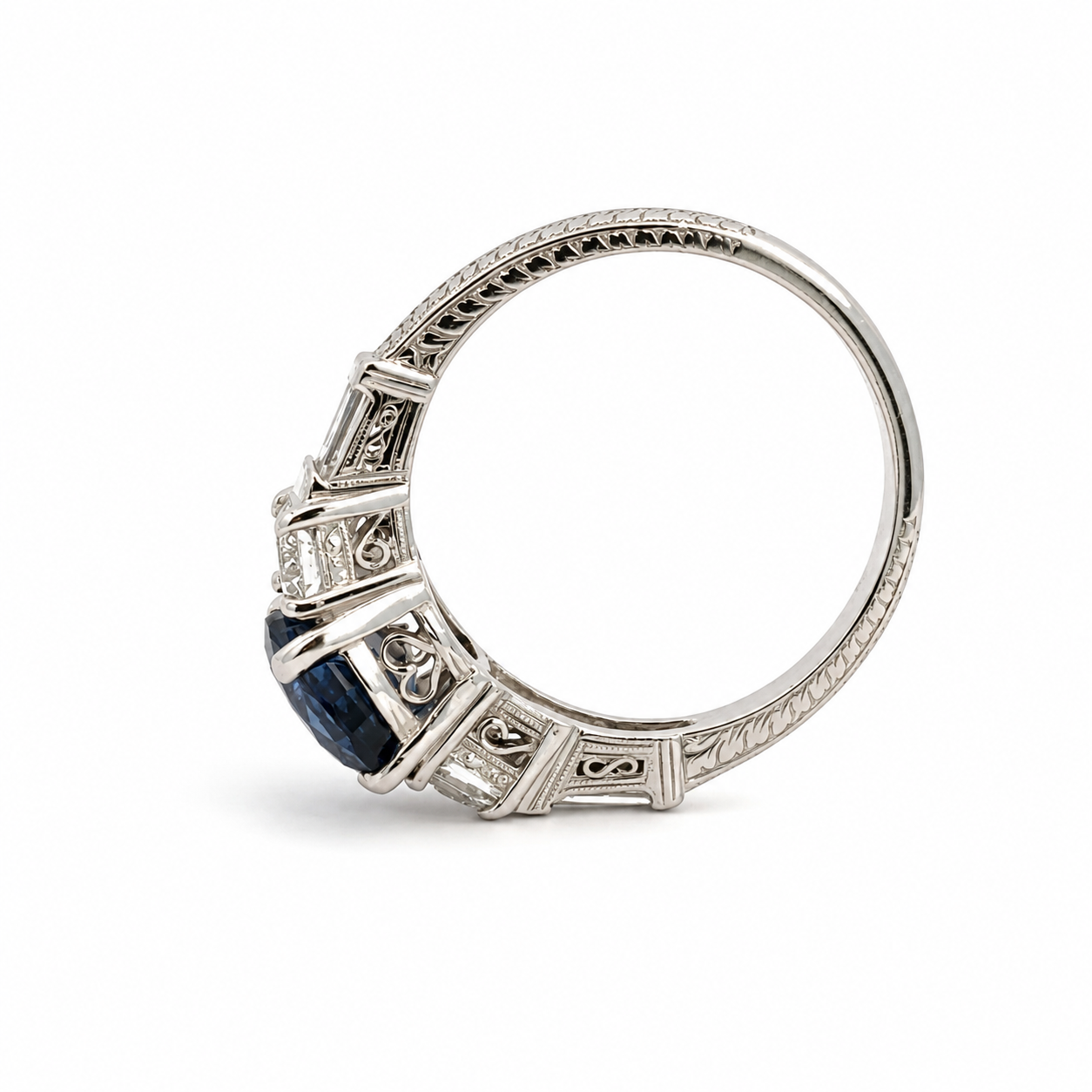 Vintage Platinum Blue Sapphire & Diamond Ring with Filigree