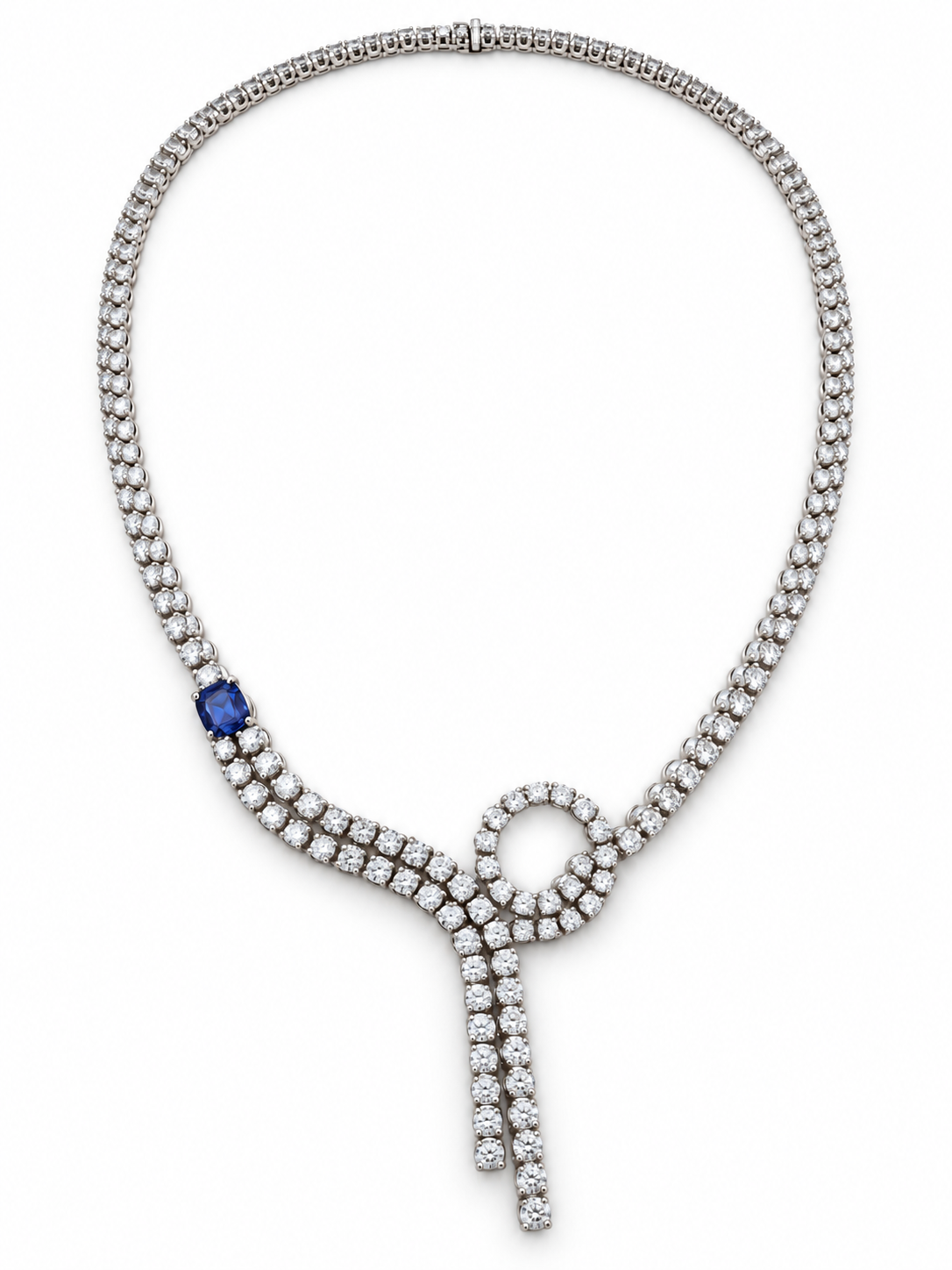 18K White Gold Diamond & Tanzanite Necklace — 11.75 CT Diamonds with Asymmetric Loop & Double Drop