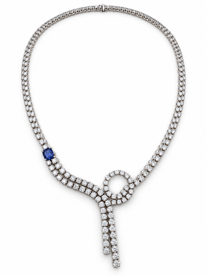 18K White Gold Diamond & Tanzanite Necklace — 11.75 CT Diamonds with Asymmetric Loop & Double Drop