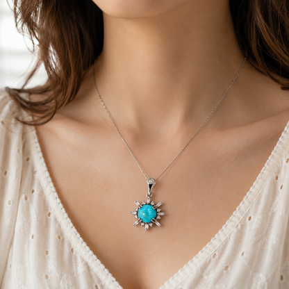 Turquoise & Diamond Sunburst Pendant in 14K White Gold
