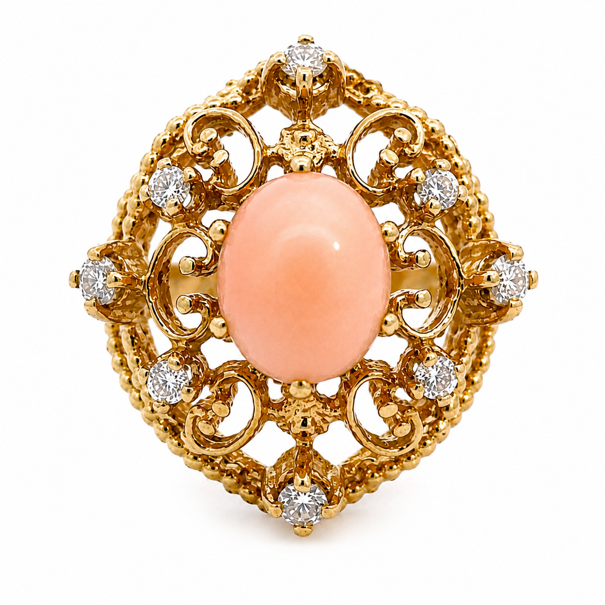 18K Yellow Gold Vintage Coral & Diamond Lacework Statement Ring
