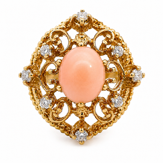 18K Yellow Gold Vintage Coral & Diamond Lacework Statement Ring