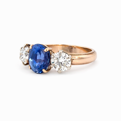 Three-Stone Sapphire and Diamond Ring – 14K Yellow Gold Beaded Edge Band