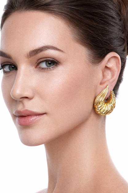 Large 14K Gold Ribbed Statement Earrings with Omega Backs