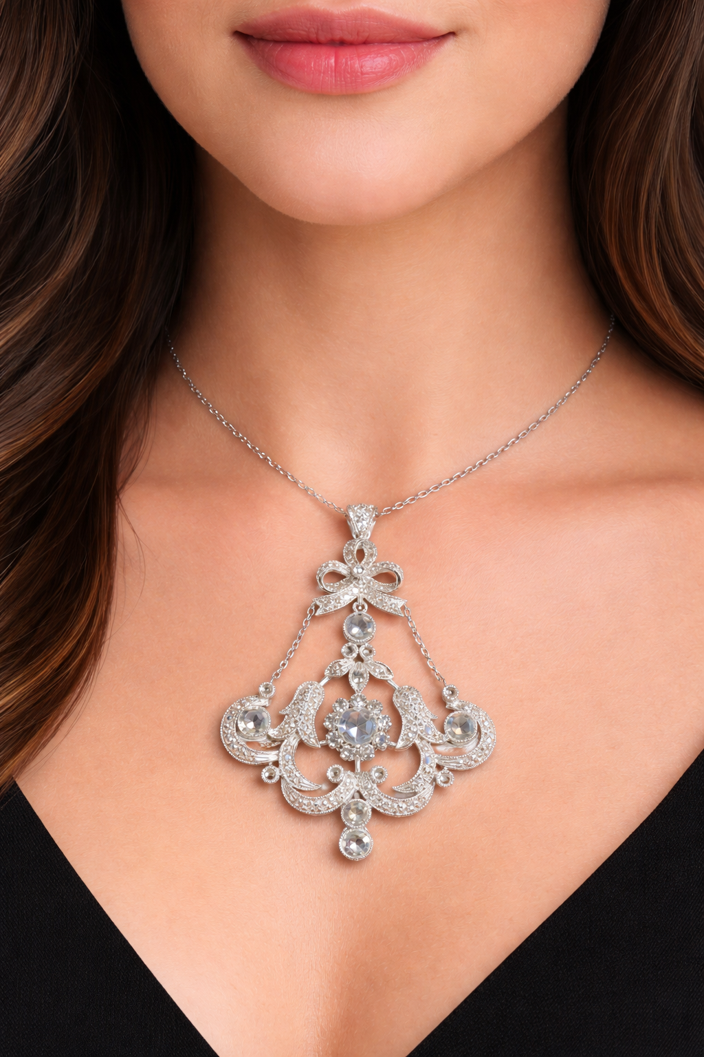 Platinum Rose Cut Diamond Drop Necklace, Ornate Filigree Design