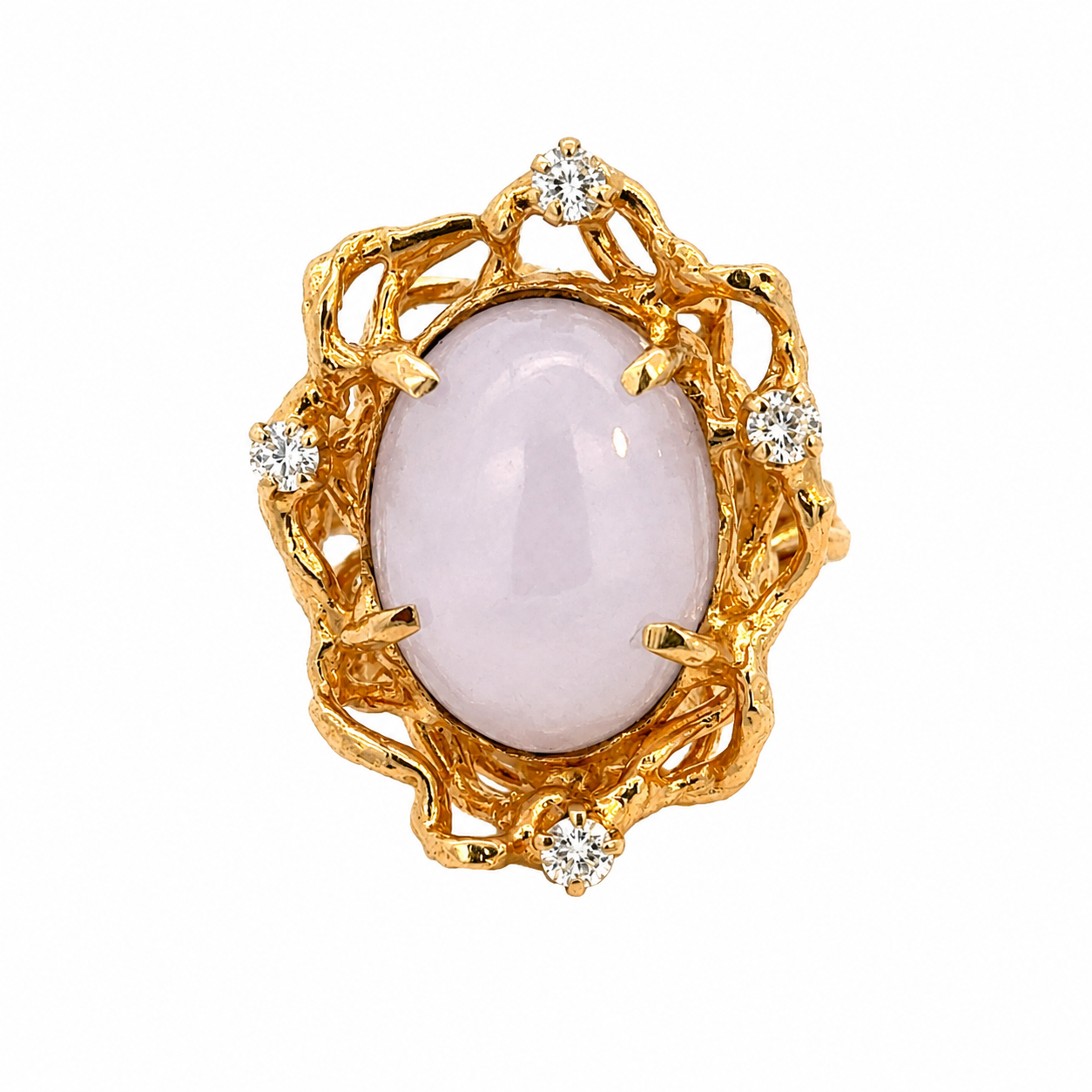Unique Artisan Lavender Jade Diamond Ring in 14K Gold