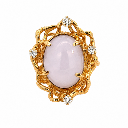 Unique Artisan Lavender Jade Diamond Ring in 14K Gold