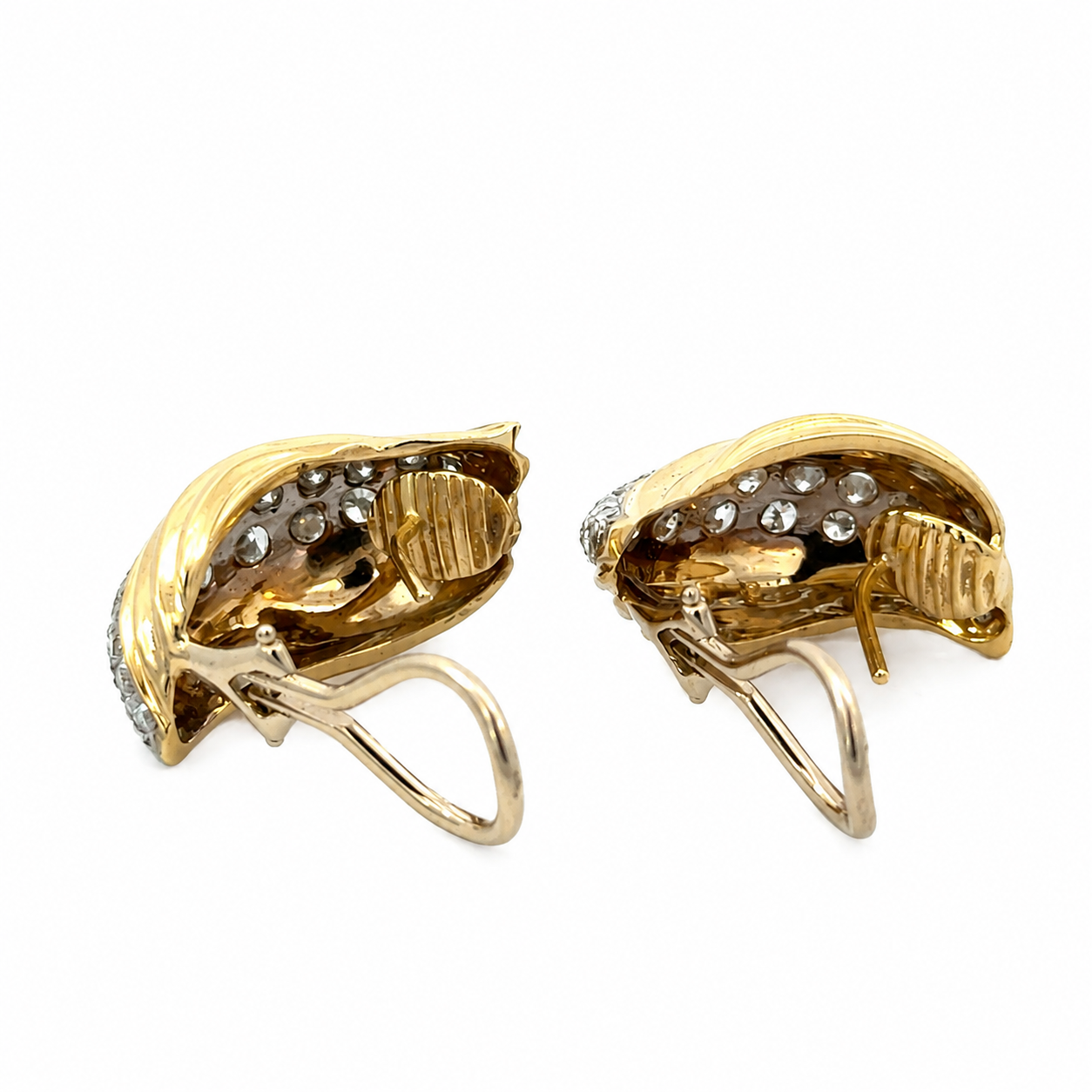 Vintage 14K Yellow Gold Diamond Curved Leaf Earrings