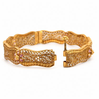 Vintage 22K Yellow Gold Filigree Bangle with Pink Swarovski Crystals & Cubic Zirconia (Copy)