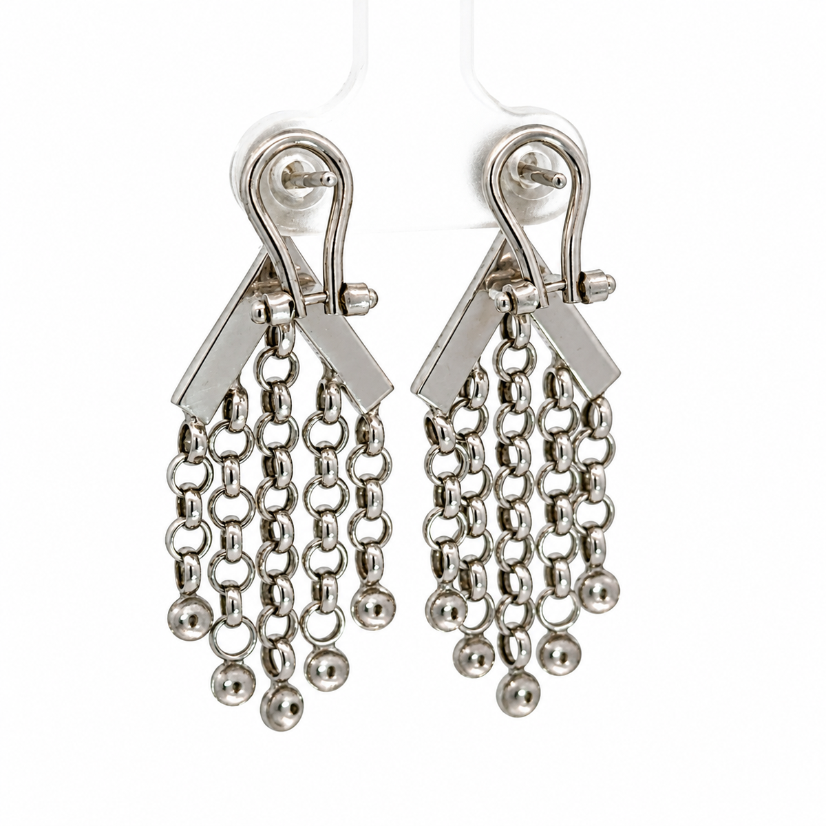 14K White Gold Chevron & Chain Fringe Drop Earrings