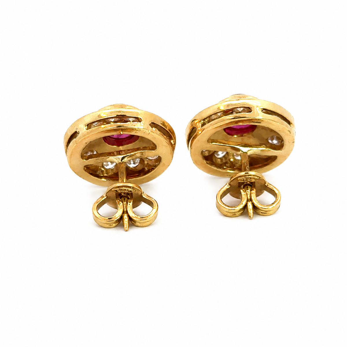 Vintage 18K Gold Cabochon Ruby & Diamond Halo Earrings