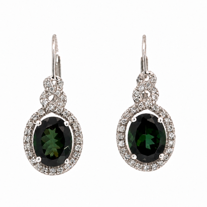 14K White Gold Deep Green Garnet & Diamond Halo Drop Earrings
