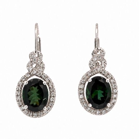 14K White Gold Deep Green Garnet & Diamond Halo Drop Earrings