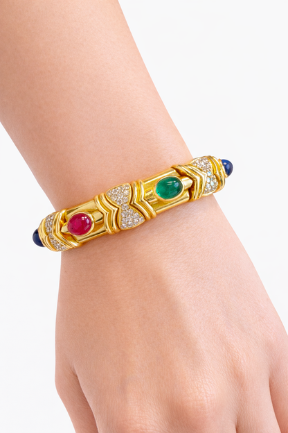 Vintage 18K Yellow Gold Gemstone & Diamond Bracelet – Mid-Century Statement