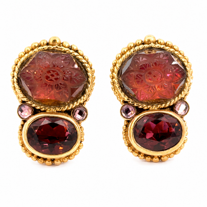 Stephen Dweck 18K Rose Gold Carved Tourmaline & Garnet Earrings