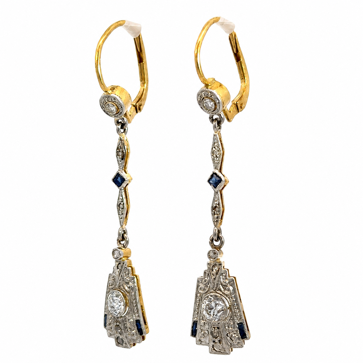 Antique Art Deco 18K Two-Tone Gold Sapphire & Diamond Filigree Drop Earrings