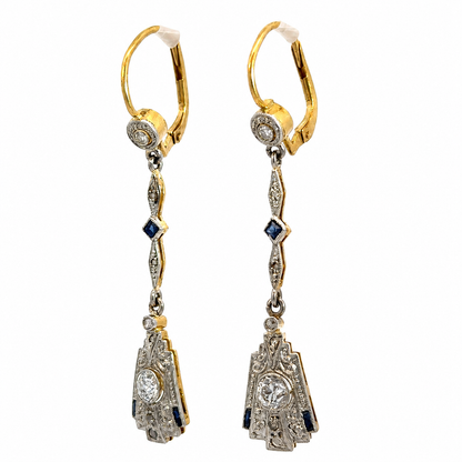 Antique Art Deco 18K Two-Tone Gold Sapphire & Diamond Filigree Drop Earrings