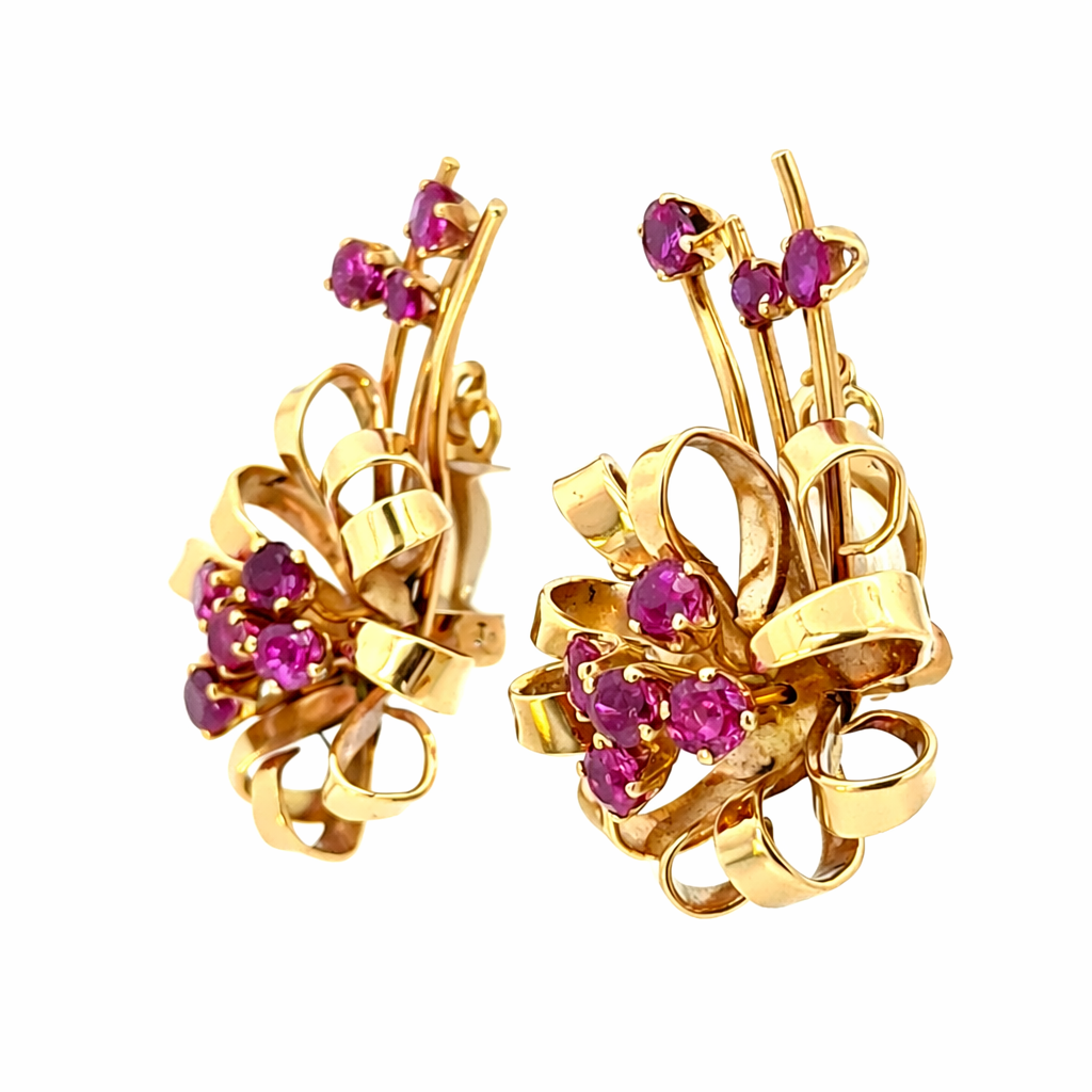 Vintage Retro 14K Rose Gold Ruby Floral Ribbon Clip-On Earrings