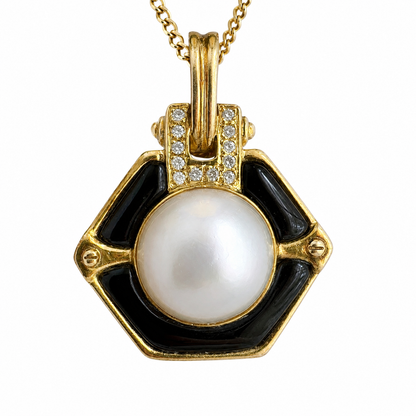 14K Yellow Gold Vintage Pearl, Onyx & Diamond Pendant
