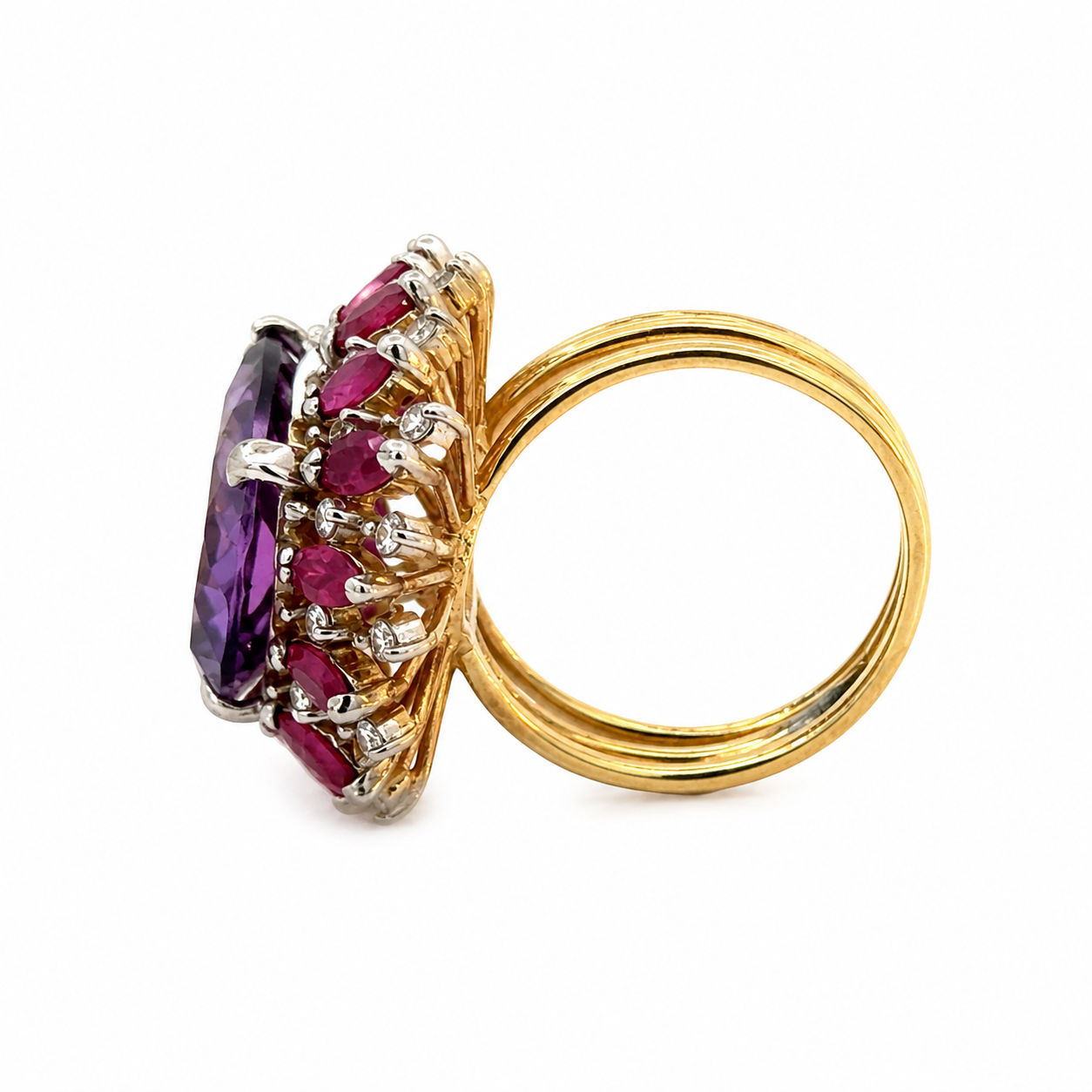 14K Yellow Gold Amethyst, Ruby & Diamond Dome Ring