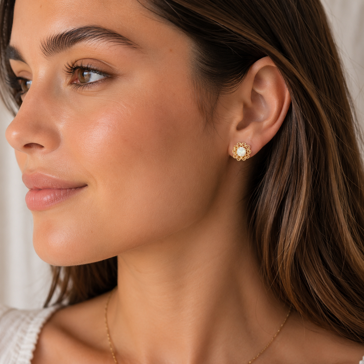 14K Yellow Gold Opal Filigree Post Earrings