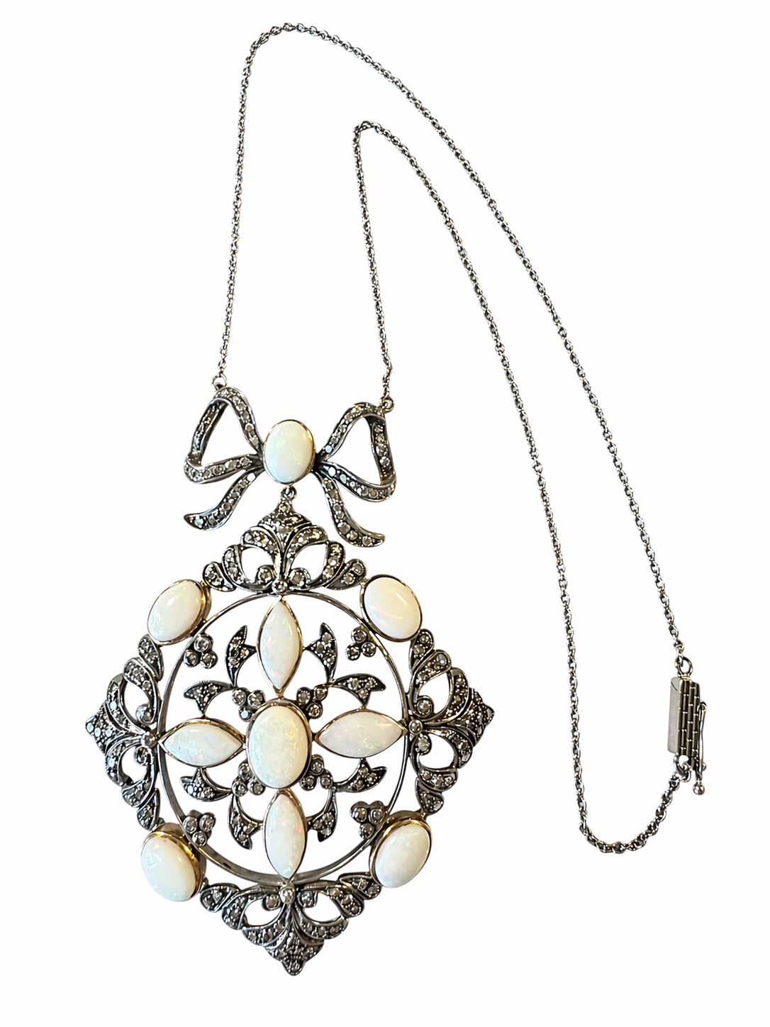 Antique Diamond and Opal Bow Pendant Necklace in 18K White Gold – Large Filigree Design