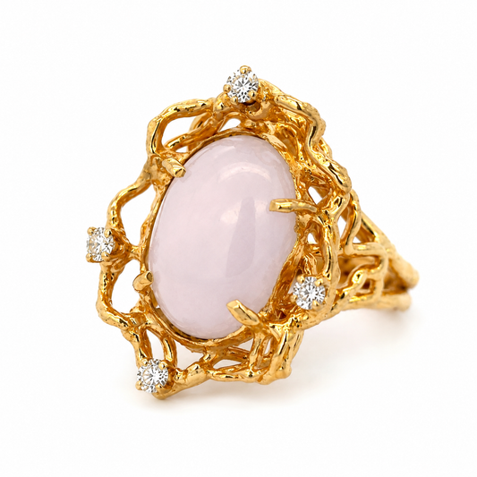 Unique Artisan Lavender Jade Diamond Ring in 14K Gold