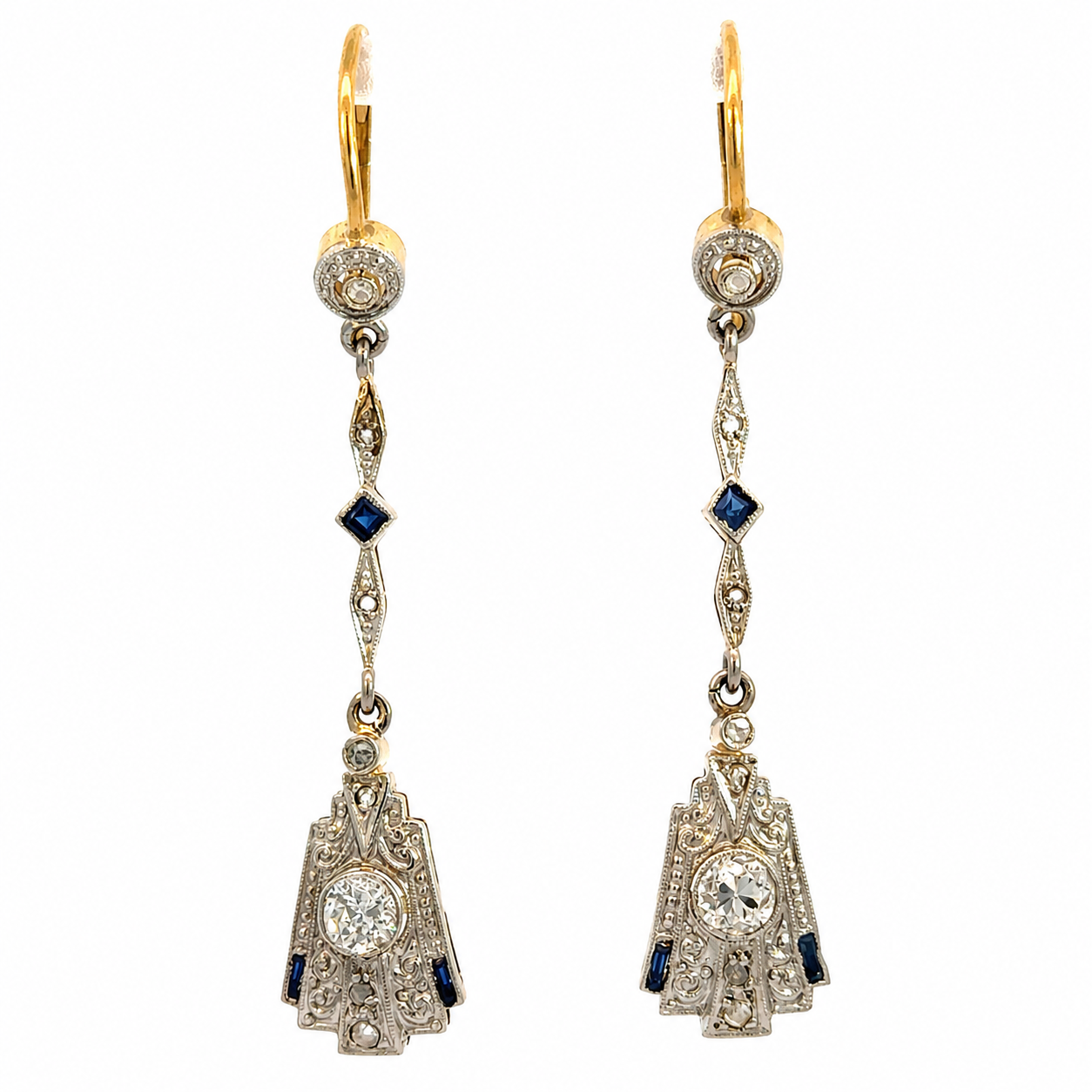 Antique Art Deco 18K Two-Tone Gold Sapphire & Diamond Filigree Drop Earrings