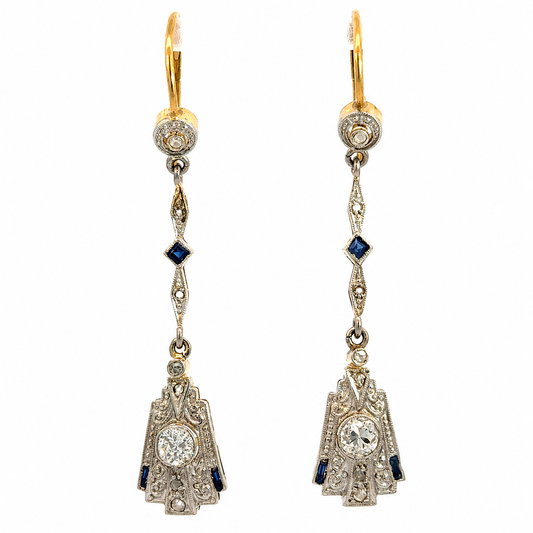 Antique Art Deco 18K Two-Tone Gold Sapphire & Diamond Filigree Drop Earrings