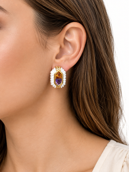 18K Yellow Gold Mother-of-Pearl, Citrine, Amethyst & Diamond Earrings