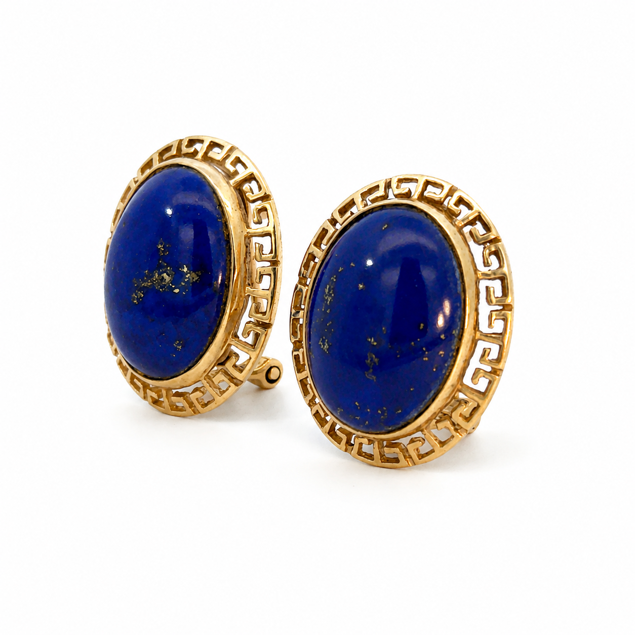 Vintage 14K Yellow Gold Lapis Lazuli Greek Key Motif Earrings