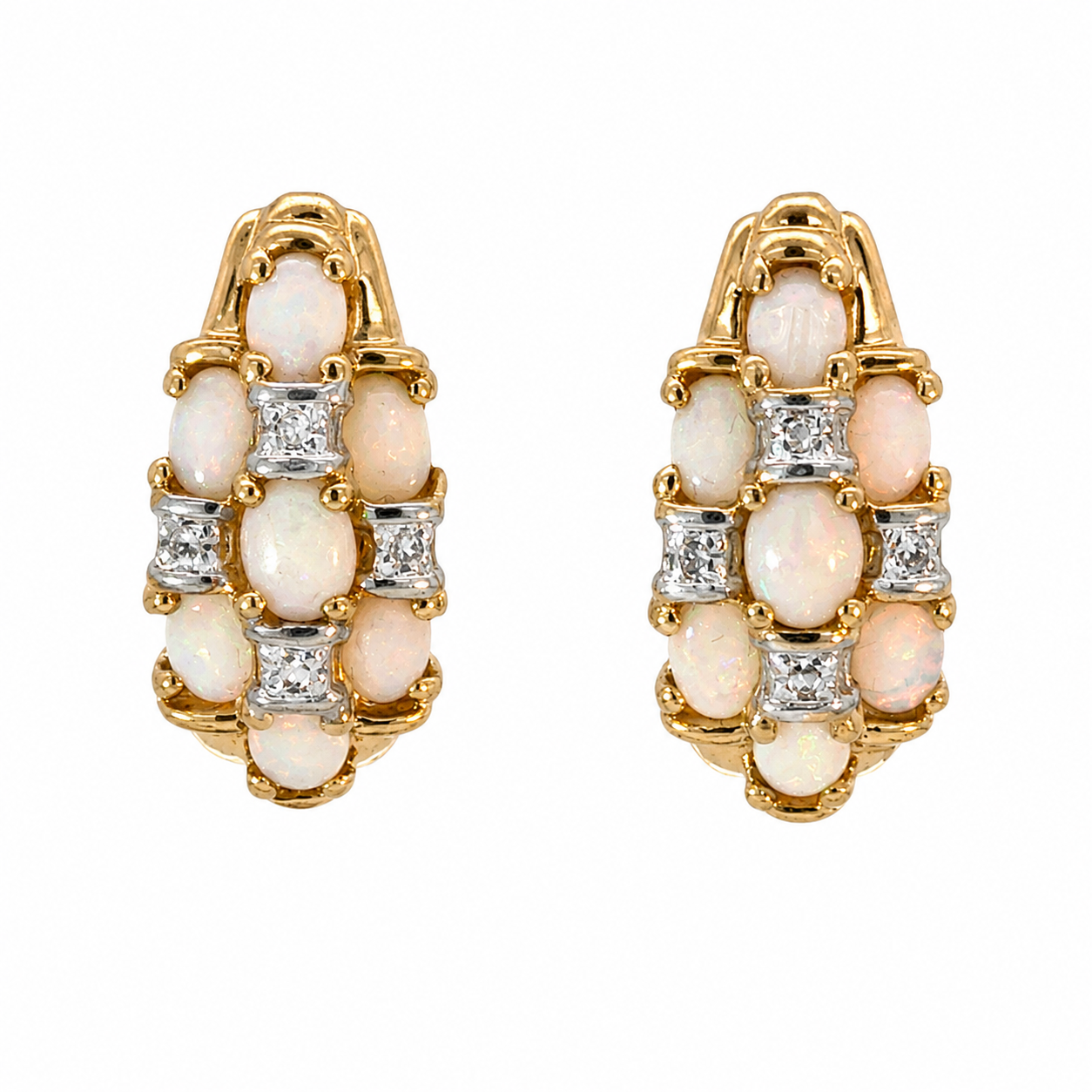Vintage Opal Diamond Half Hoop Earrings 14K Gold