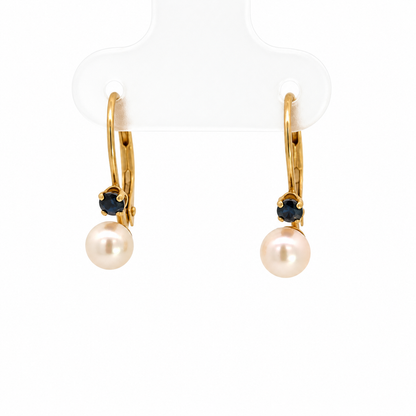 14K Yellow Gold Sapphire & Pearl Lever-Back Earrings