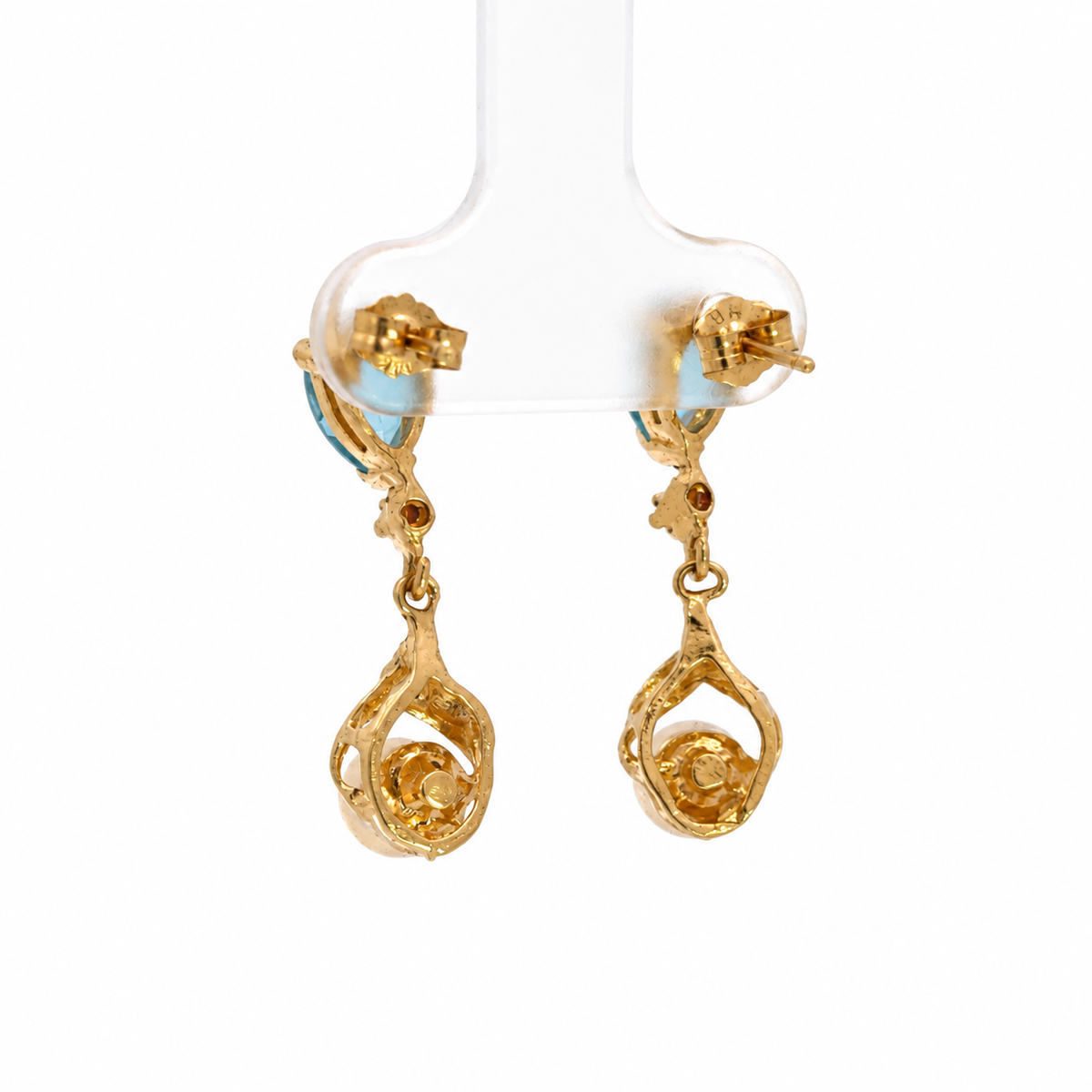 14K Yellow Gold Blue Topaz & Pearl Drop Earrings