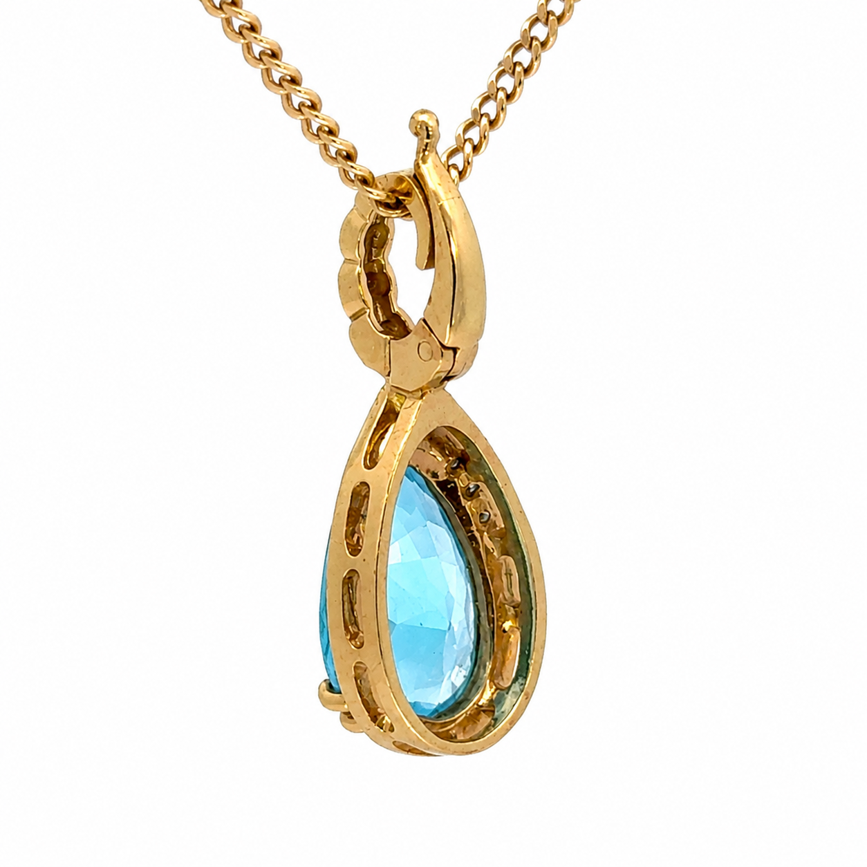14K Gold Blue Topaz Pear Pendant with Diamond Accents Enhancer