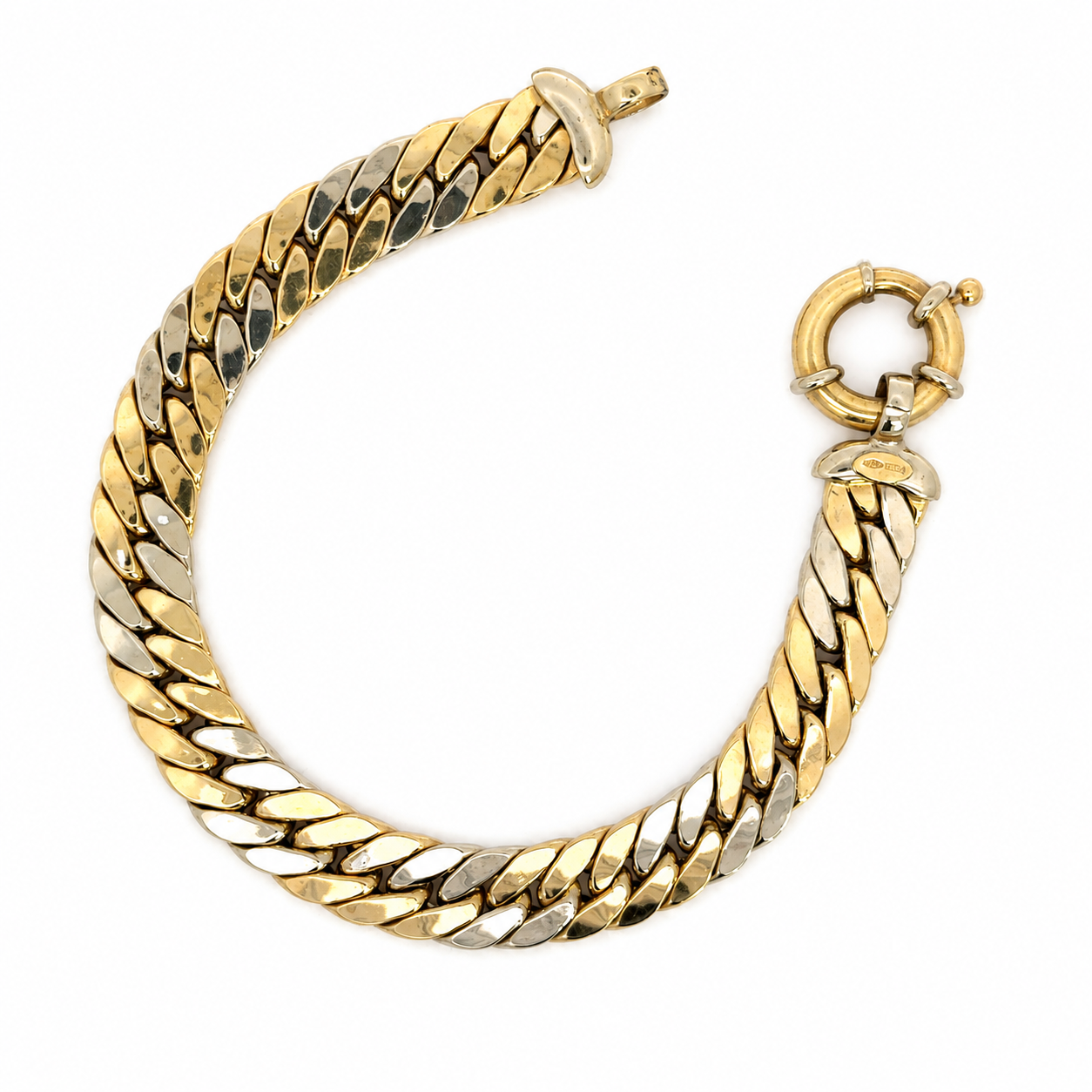 Vintage 1980’s 18K Two-Tone Gold Woven Link Bracelet with Decorative Spring Ring Clasp