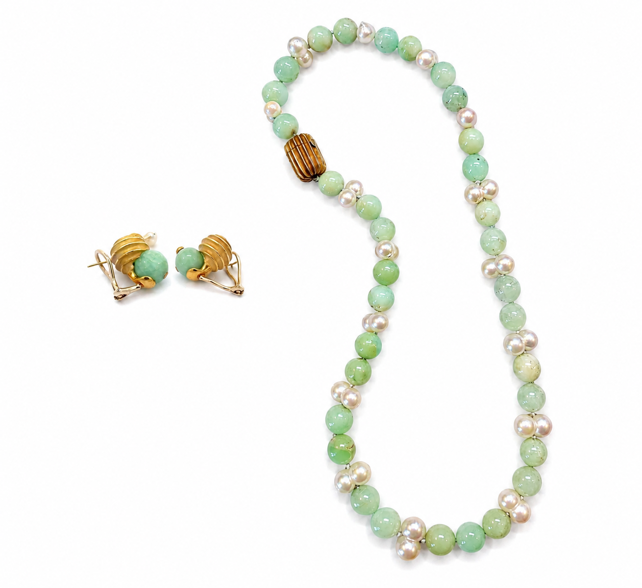 C.W. Vintage Jade, Pearl & 18K Yellow Gold Necklace and Earrings Set