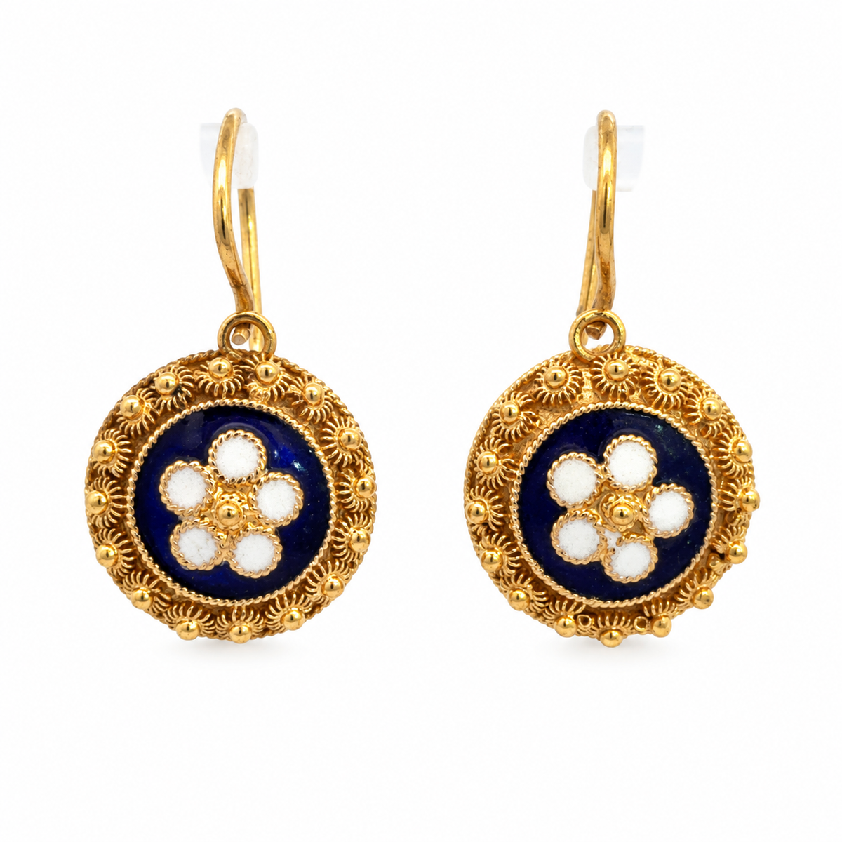Vintage 18K Yellow Gold Navy & White Enamel Floral Drop Earrings