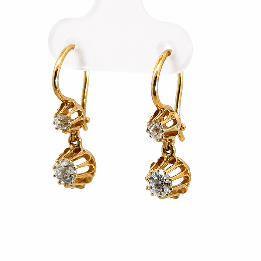 Russian-Made 14K Yellow Gold Rose-Cut Diamond Floral Drop Earrings