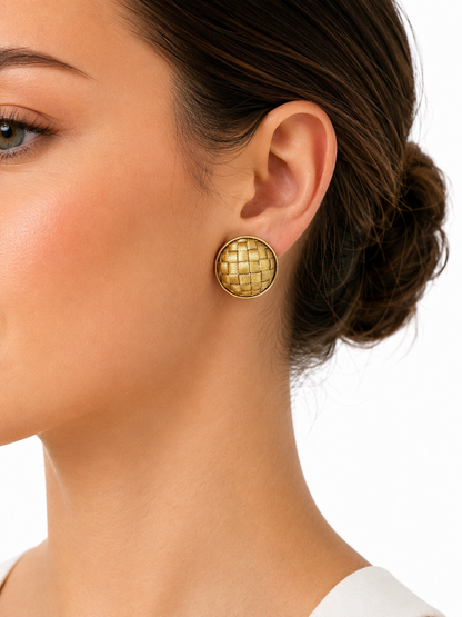 14K Yellow Gold Italian Basket Weave Domed Earrings