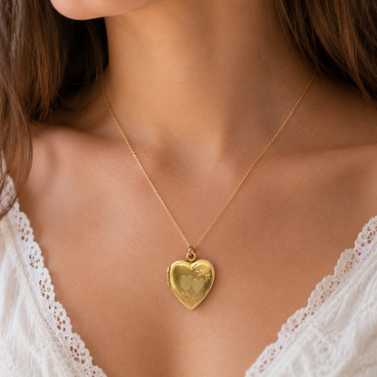 14K Yellow Gold Heart Locket Pendant Engraved Double Hearts