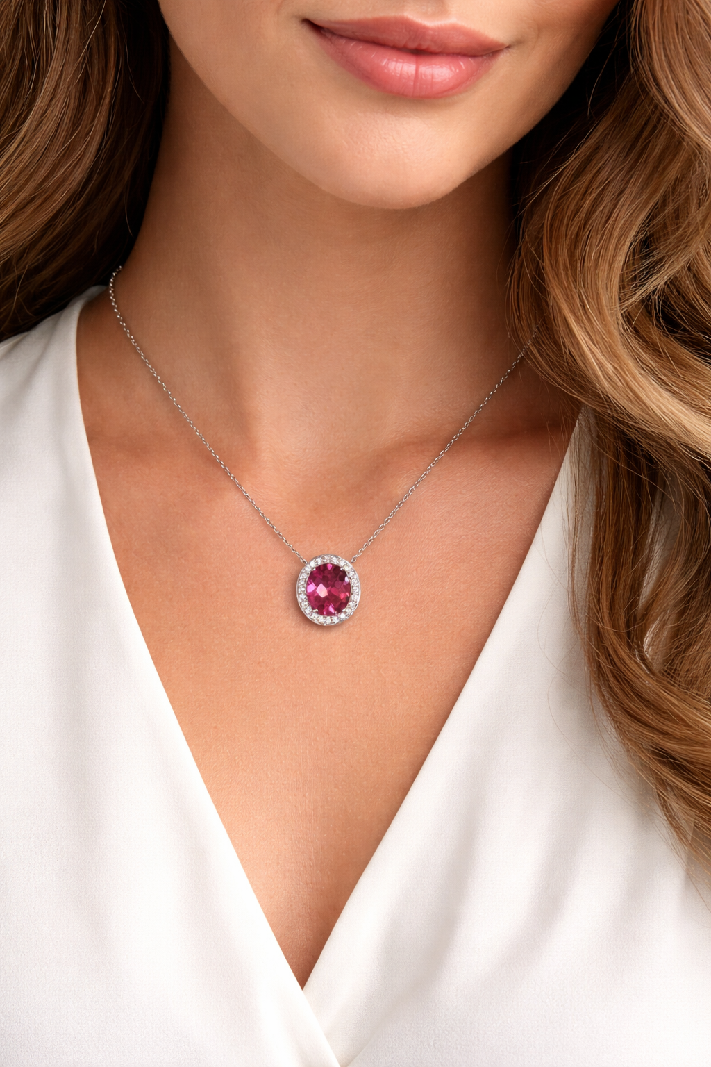 Pink Tourmaline & Diamond Halo Pendant Necklace in 14K White Gold