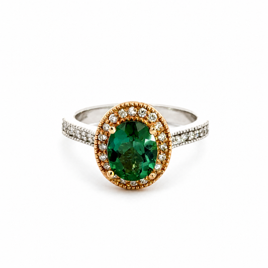 18K Two-Tone Gold Paraiba Tourmaline and Diamond Halo Ring